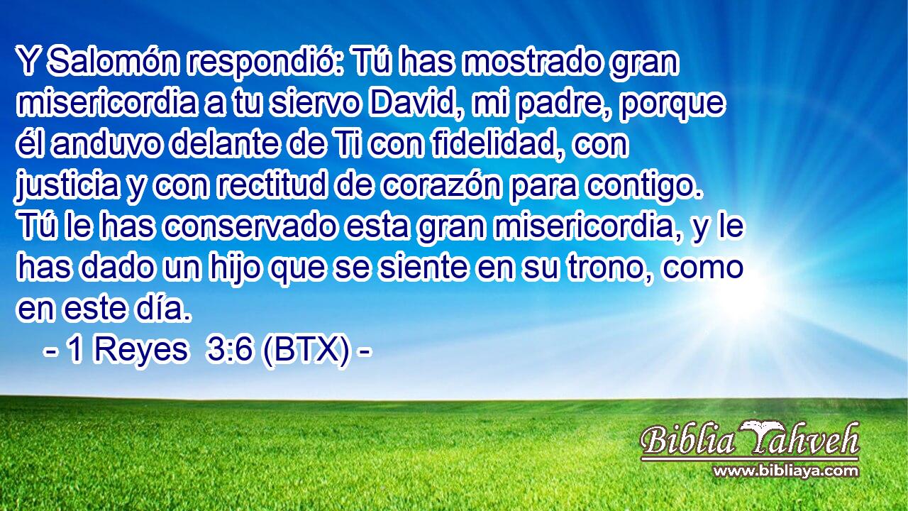 Y Salomón respondió: Tú has mostrado gran misericordia a tu siervo David, mi padre, porque él anduvo delante de Ti con fidelidad, con justicia y con rectitud de corazón para contigo. Tú le has conservado esta gran misericordia, y le has dado un hijo que se siente en su trono, como en este día.