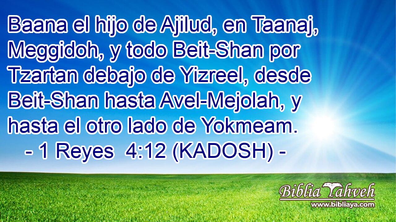  Baana el hijo de Ajilud, en Taanaj, Meggidoh, y todo Beit-Shan por Tzartan debajo de Yizreel, desde Beit-Shan hasta Avel-Mejolah, y hasta el otro lado de Yokmeam. 