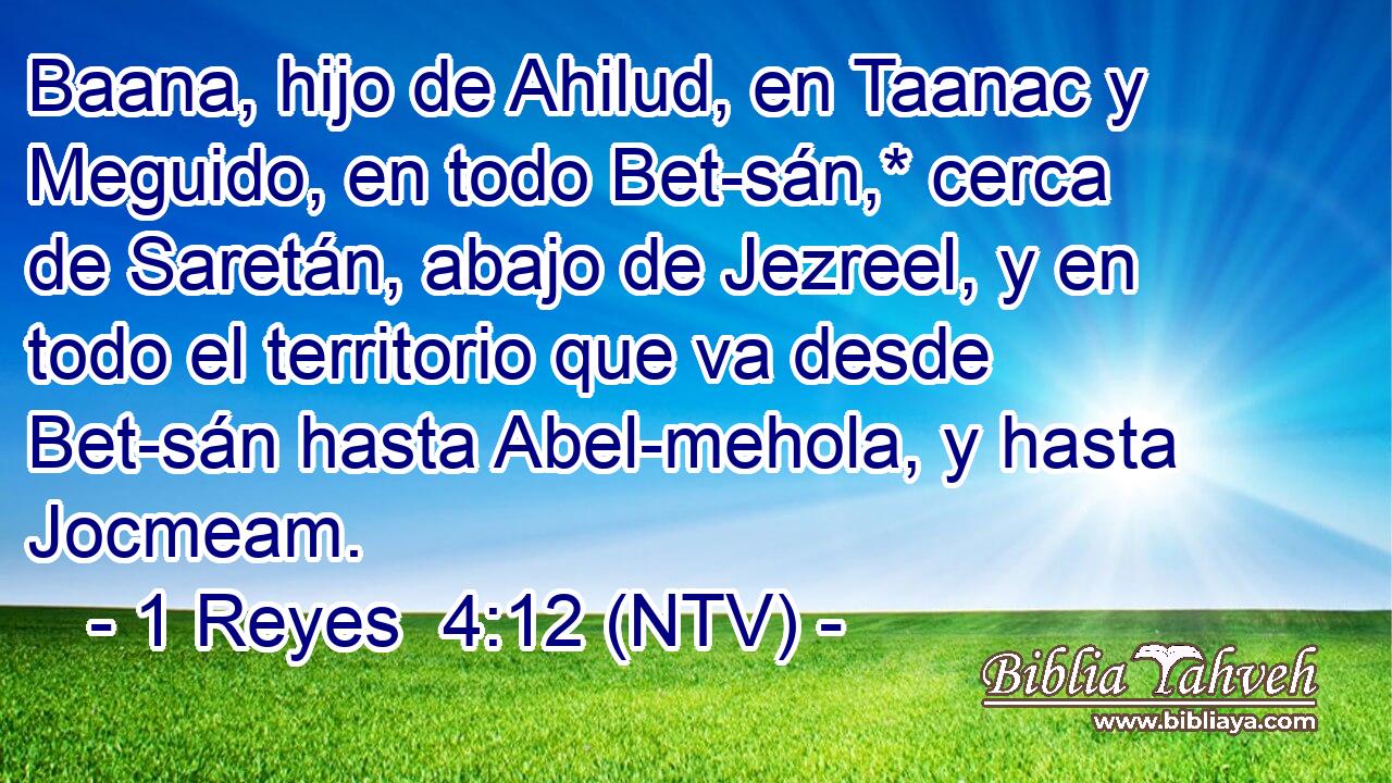 Baana, hijo de Ahilud, en Taanac y Meguido, en todo Bet-sán,* cerca de Saretán, abajo de Jezreel, y en todo el territorio que va desde Bet-sán hasta Abel-mehola, y hasta Jocmeam.