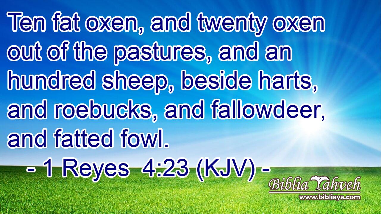 Ten fat oxen, and twenty oxen out of the pastures, and an hundred sheep, beside harts, and roebucks, and fallowdeer, and fatted fowl.
