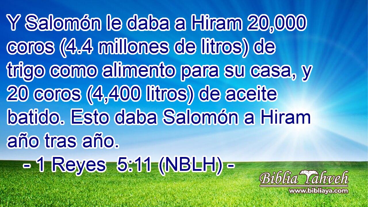  Y Salomón le daba a Hiram 20,000 coros (4.4 millones de litros) de trigo como alimento para su casa, y 20 coros (4,400 litros) de aceite batido. Esto daba Salomón a Hiram año tras año. 