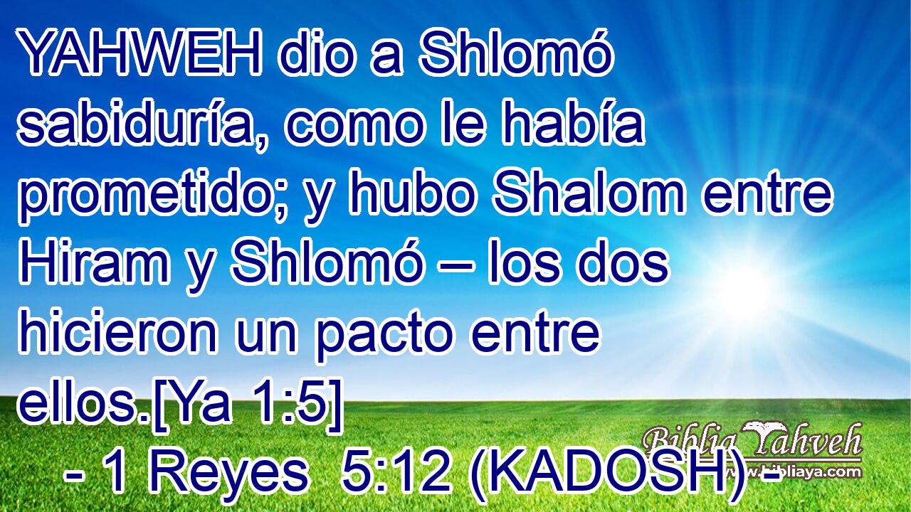  YAHWEH dio a Shlomó sabiduría, como le había prometido; y hubo Shalom entre Hiram y Shlomó – los dos hicieron un pacto entre ellos.[Ya 1:5] 