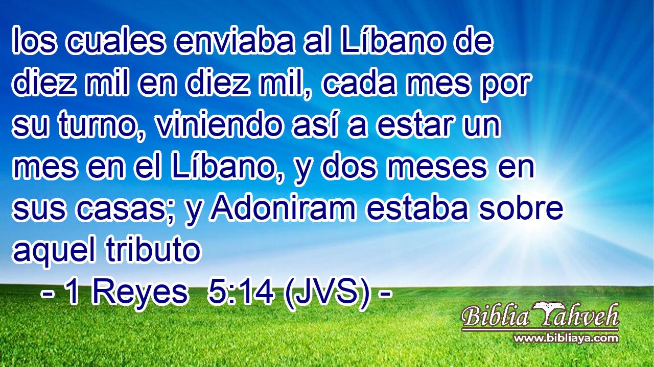 los cuales enviaba al Líbano de diez mil en diez mil, cada mes por su turno, viniendo así a estar un mes en el Líbano, y dos meses en sus casas; y Adoniram estaba sobre aquel tributo