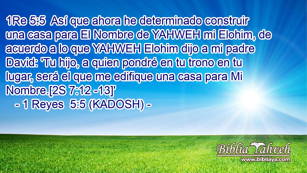  Así que ahora he determinado construir una casa para El Nombre de YAHWEH mi Elohim, de acuerdo a lo que YAHWEH Elohim dijo a mi padre David: 'Tu hijo, a quien pondré en tu trono en tu lugar, será el que me edifique una casa para Mi Nombre.[2S 7:12 -13]' 