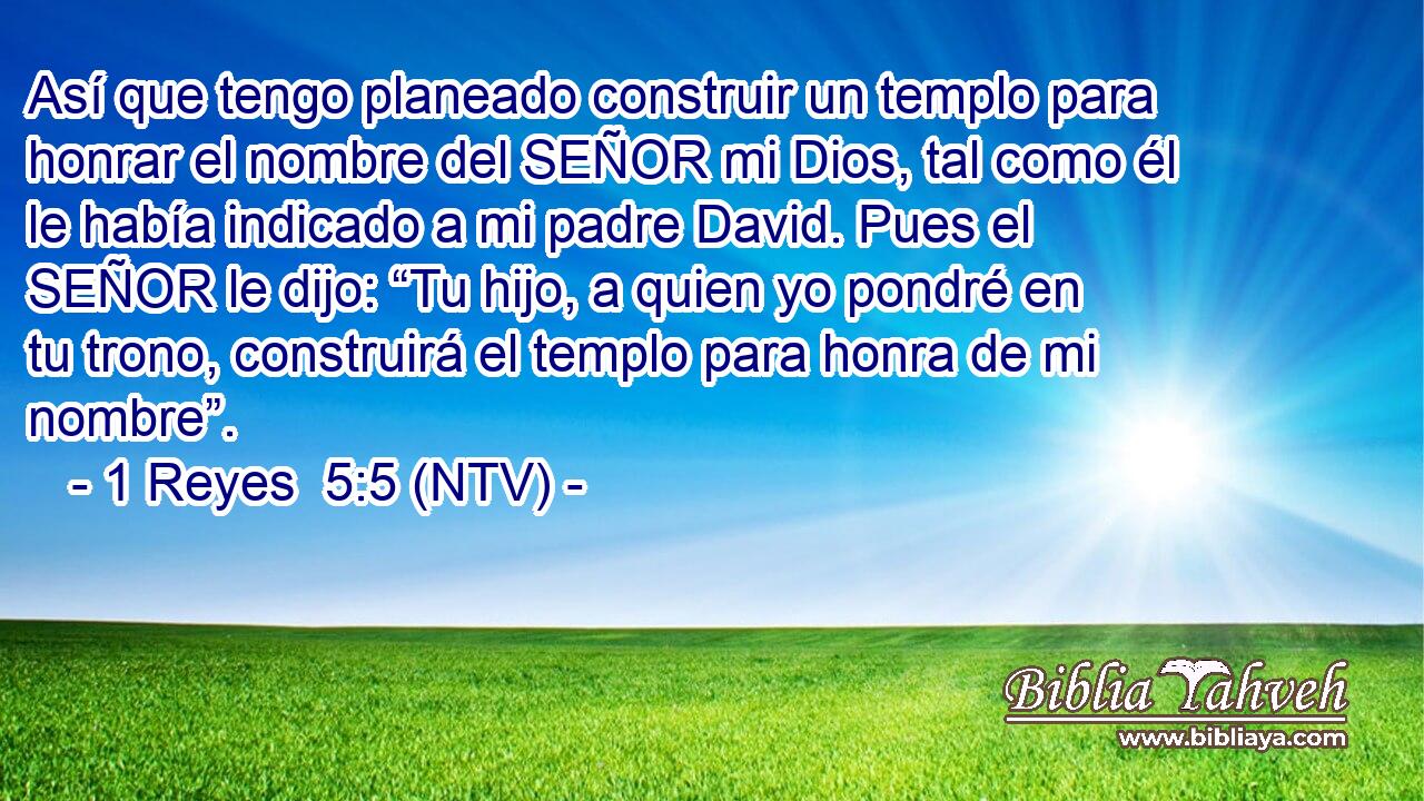 Así que tengo planeado construir un templo para honrar el nombre del SEÑOR mi Dios, tal como él le había indicado a mi padre David. Pues el SEÑOR le dijo: “Tu hijo, a quien yo pondré en tu trono, construirá el templo para honra de mi nombre”.