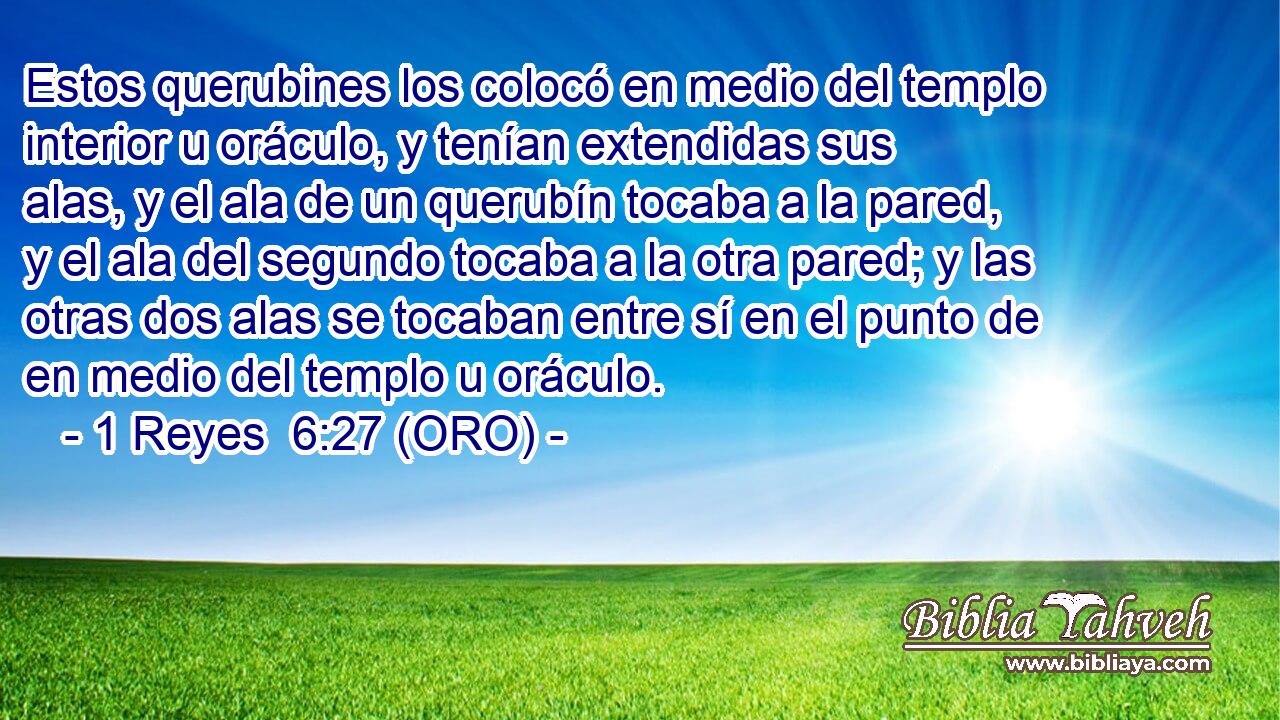  Estos querubines los colocó en medio del templo interior u oráculo, y tenían extendidas sus alas, y el ala de un querubín tocaba a la pared, y el ala del segundo tocaba a la otra pared; y las otras dos alas se tocaban entre sí en el punto de en medio del templo u oráculo. 