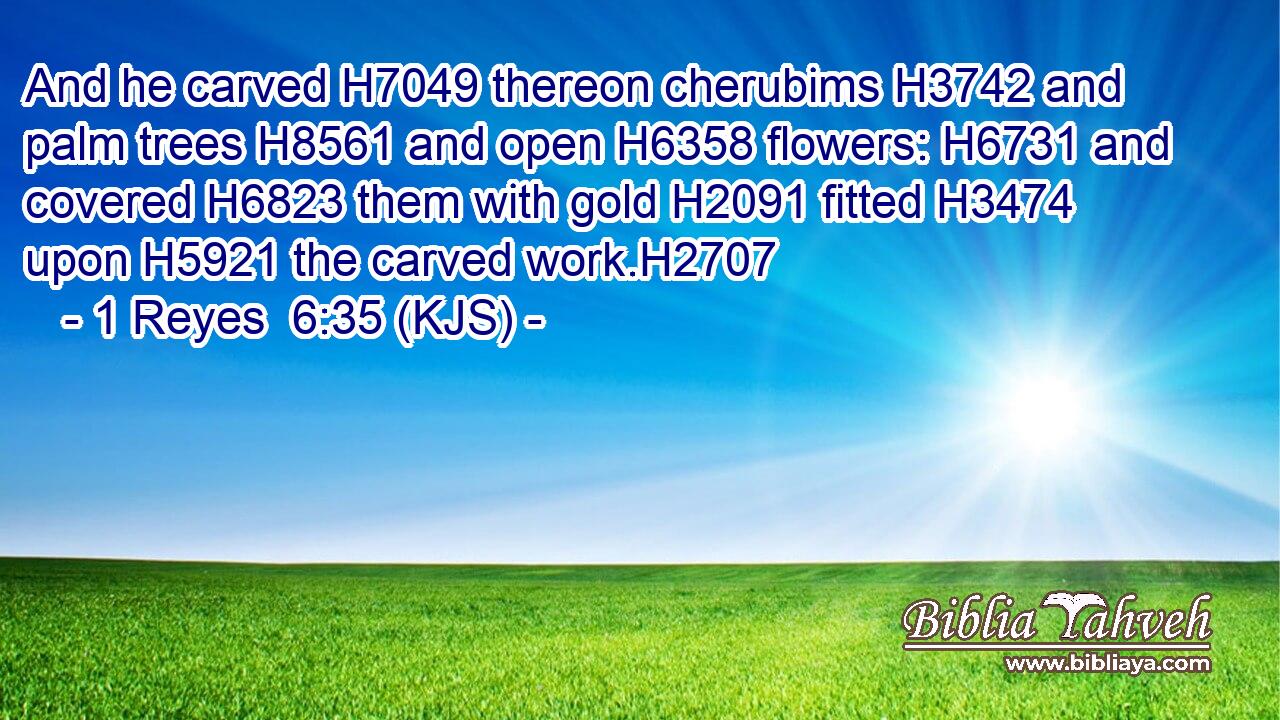 And he carved H7049 thereon cherubims H3742 and palm trees H8561 and open H6358 flowers: H6731 and covered H6823 them with gold H2091 fitted H3474 upon H5921 the carved work.H2707