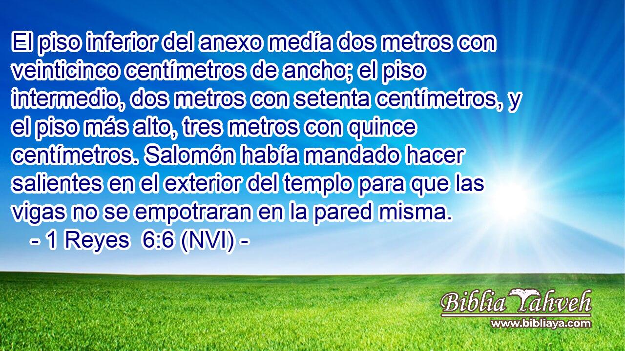  El piso inferior del anexo medía dos metros con veinticinco centímetros de ancho; el piso intermedio, dos metros con setenta centímetros, y el piso más alto, tres metros con quince centímetros. Salomón había mandado hacer salientes en el exterior del templo para que las vigas no se empotraran en la pared misma. 