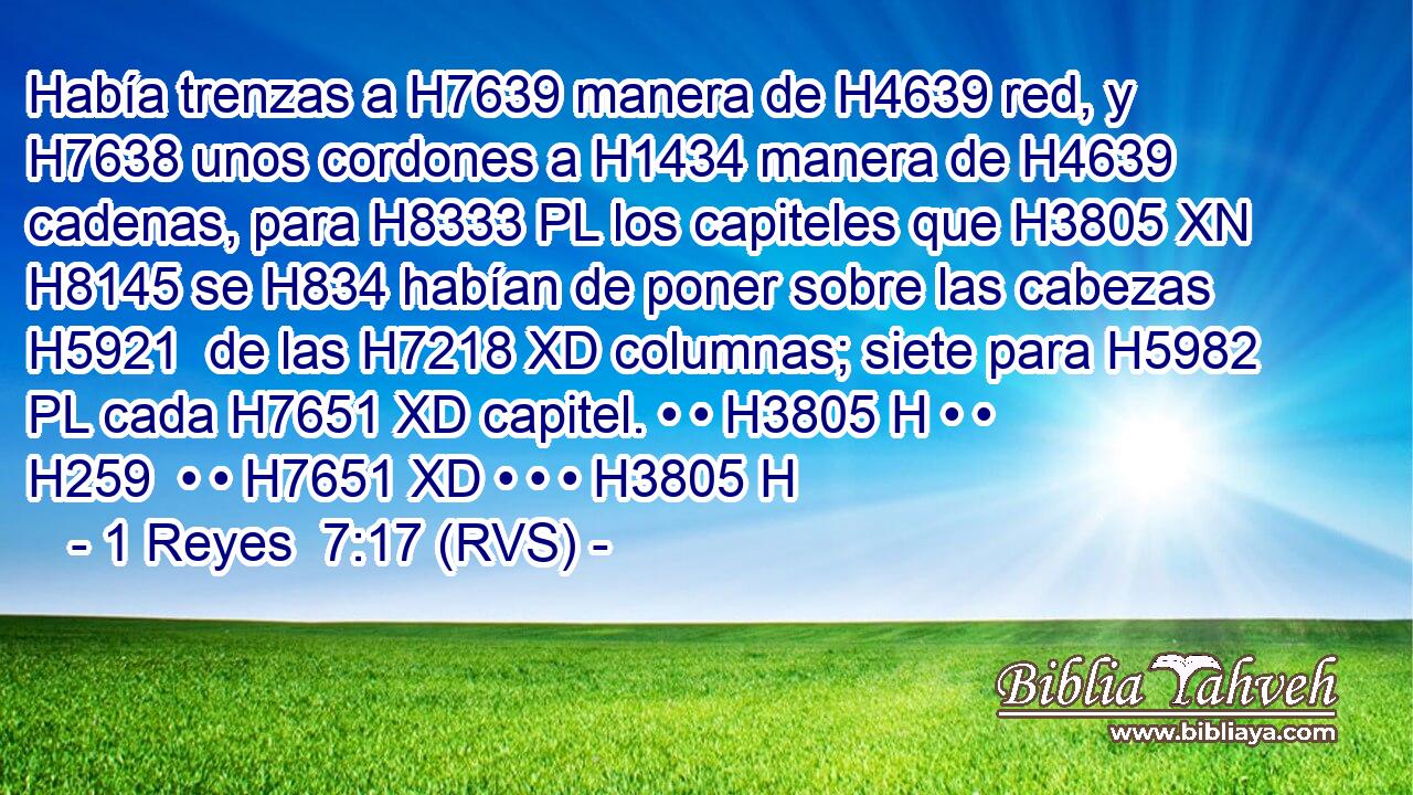 Había trenzas a H7639 manera de H4639 red, y H7638 unos cordones a H1434 manera de H4639 cadenas, para H8333 PL los capiteles que H3805 XN H8145 se H834 habían de poner sobre las cabezas H5921  de las H7218 XD columnas; siete para H5982 PL cada H7651 XD capitel. • • H3805 H • • H259  • • H7651 XD • • • H3805 H 