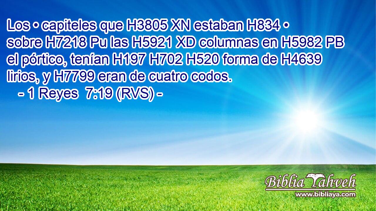 Los • capiteles que H3805 XN estaban H834 • sobre H7218 Pu las H5921 XD columnas en H5982 PB el pórtico, tenían H197 H702 H520 forma de H4639 lirios, y H7799 eran de cuatro codos. 