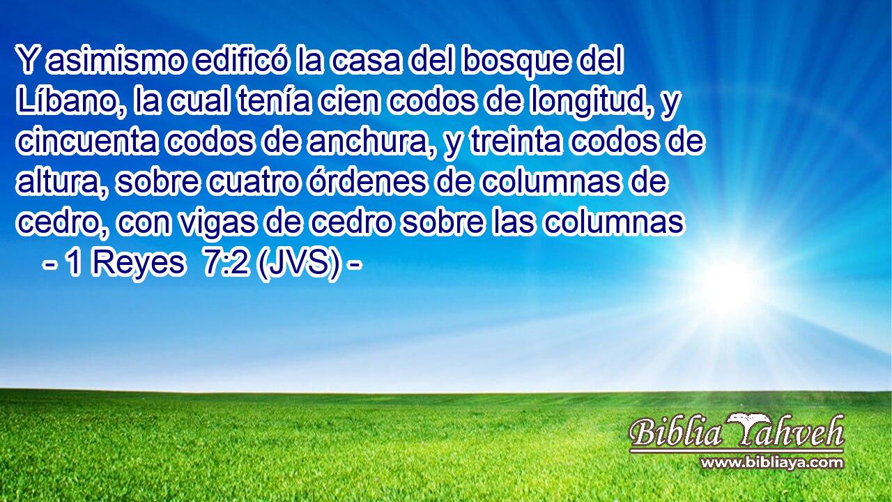 Y asimismo edificó la casa del bosque del Líbano, la cual tenía cien codos de longitud, y cincuenta codos de anchura, y treinta codos de altura, sobre cuatro órdenes de columnas de cedro, con vigas de cedro sobre las columnas