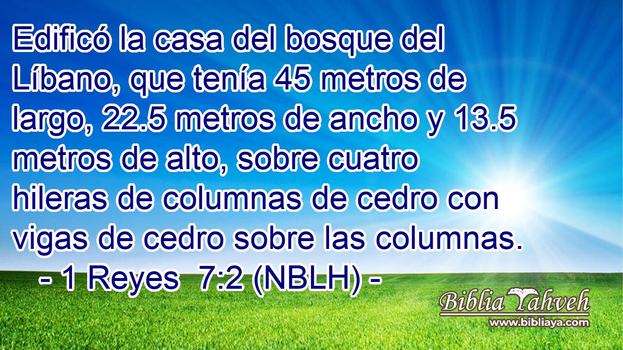  Edificó la casa del bosque del Líbano, que tenía 45 metros de largo, 22.5 metros de ancho y 13.5 metros de alto, sobre cuatro hileras de columnas de cedro con vigas de cedro sobre las columnas. 