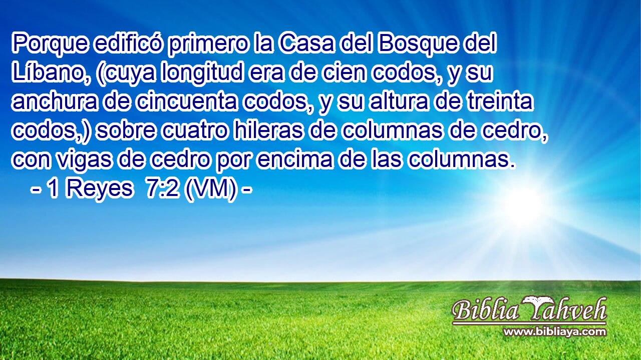  Porque edificó primero la Casa del Bosque del Líbano, (cuya longitud era de cien codos, y su anchura de cincuenta codos, y su altura de treinta codos,) sobre cuatro hileras de columnas de cedro, con vigas de cedro por encima de las columnas. 