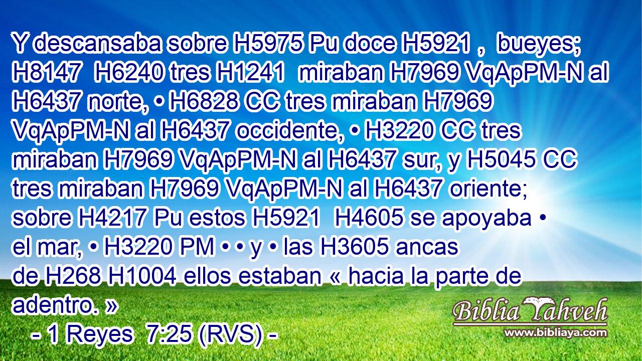 Y descansaba sobre H5975 Pu doce H5921 ,  bueyes; H8147  H6240 tres H1241  miraban H7969 VqApPM-N al H6437 norte, • H6828 CC tres miraban H7969 VqApPM-N al H6437 occidente, • H3220 CC tres miraban H7969 VqApPM-N al H6437 sur, y H5045 CC tres miraban H7969 VqApPM-N al H6437 oriente; sobre H4217 Pu estos H5921  H4605 se apoyaba • el mar, • H3220 PM • • y • las H3605 ancas de H268 H1004 ellos estaban « hacia la parte de adentro. » 