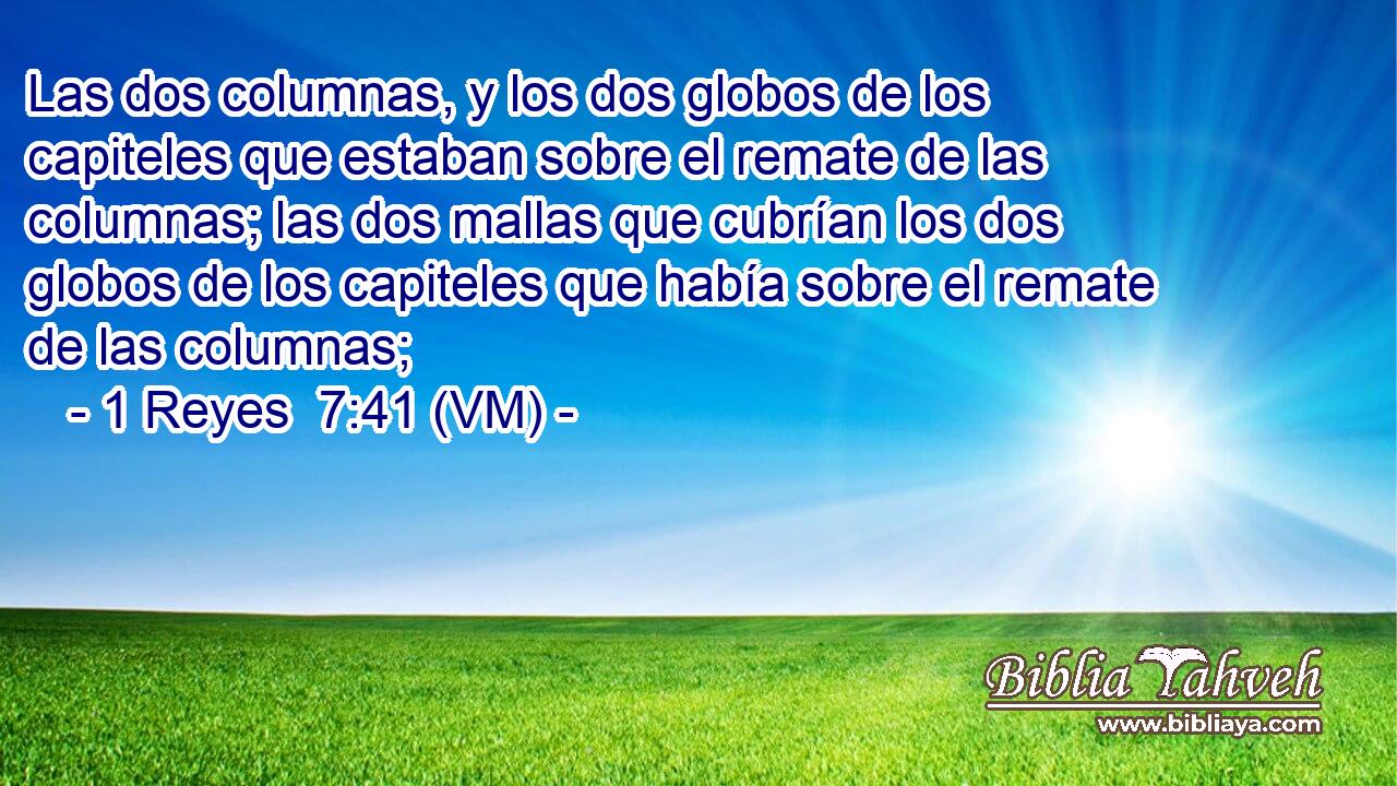  Las dos columnas, y los dos globos de los capiteles que estaban sobre el remate de las columnas; las dos mallas que cubrían los dos globos de los capiteles que había sobre el remate de las columnas; 
