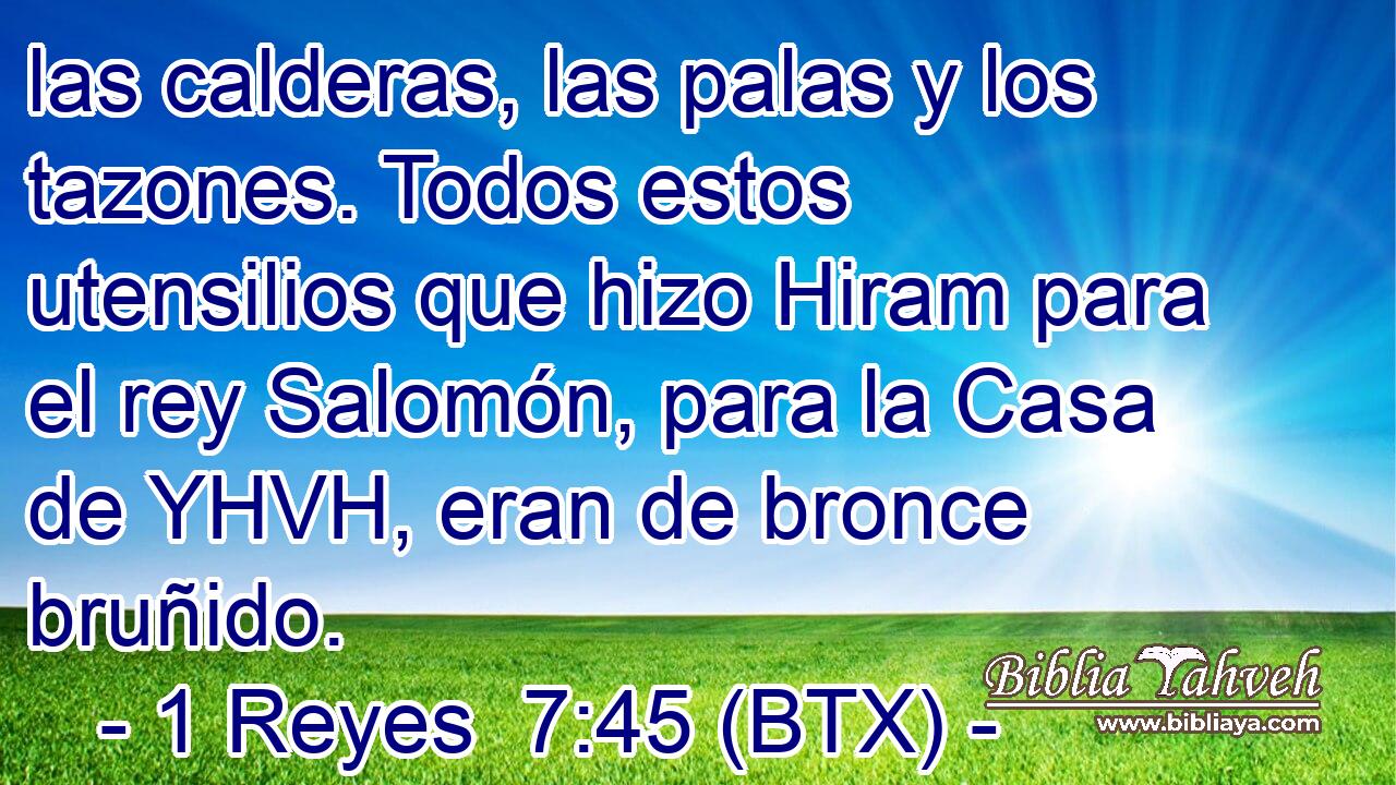 las calderas, las palas y los tazones. Todos estos utensilios que hizo Hiram para el rey Salomón, para la Casa de YHVH, eran de bronce bruñido.