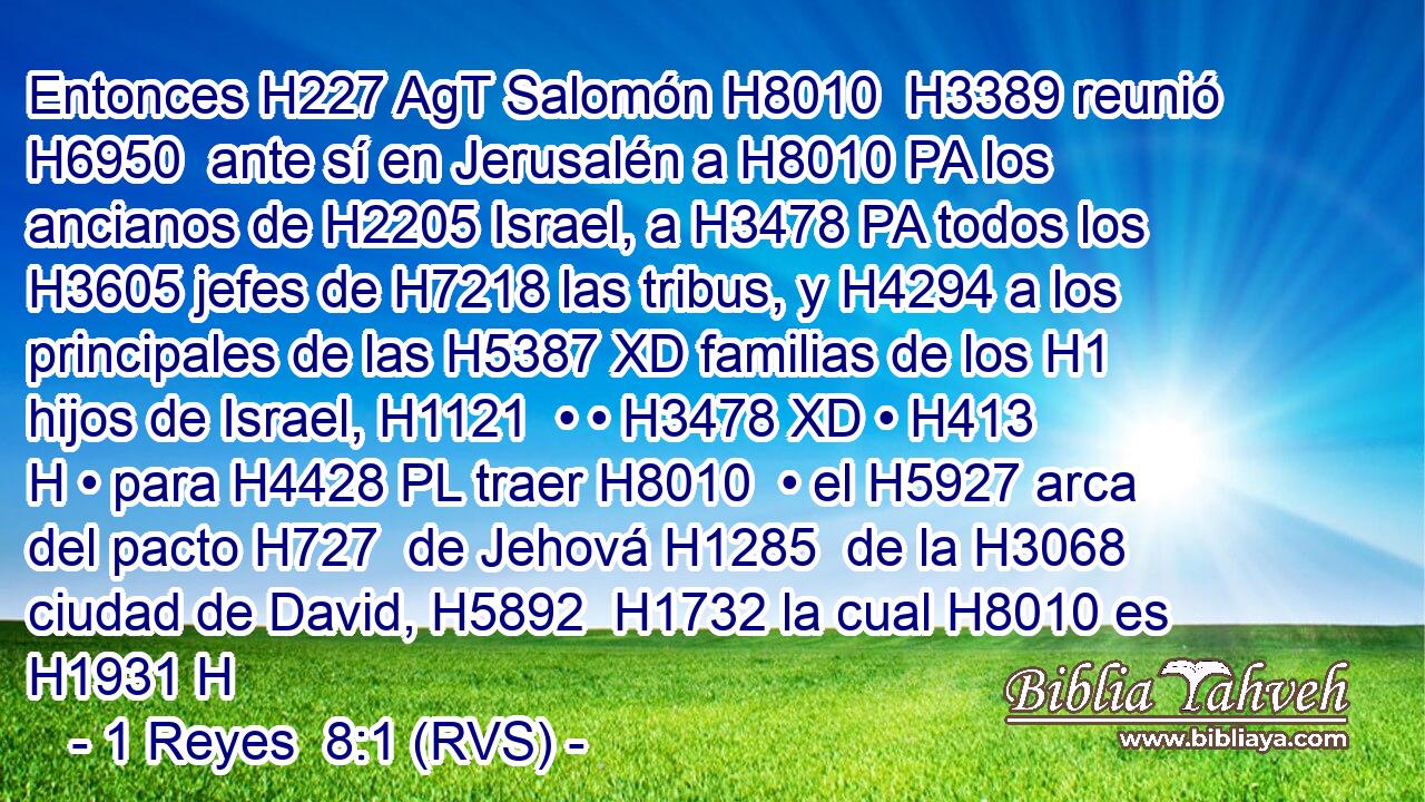 Entonces H227 AgT Salomón H8010  H3389 reunió H6950  ante sí en Jerusalén a H8010 PA los ancianos de H2205 Israel, a H3478 PA todos los H3605 jefes de H7218 las tribus, y H4294 a los principales de las H5387 XD familias de los H1 hijos de Israel, H1121  • • H3478 XD • H413 H • para H4428 PL traer H8010  • el H5927 arca del pacto H727  de Jehová H1285  de la H3068 ciudad de David, H5892  H1732 la cual H8010 es H1931 H