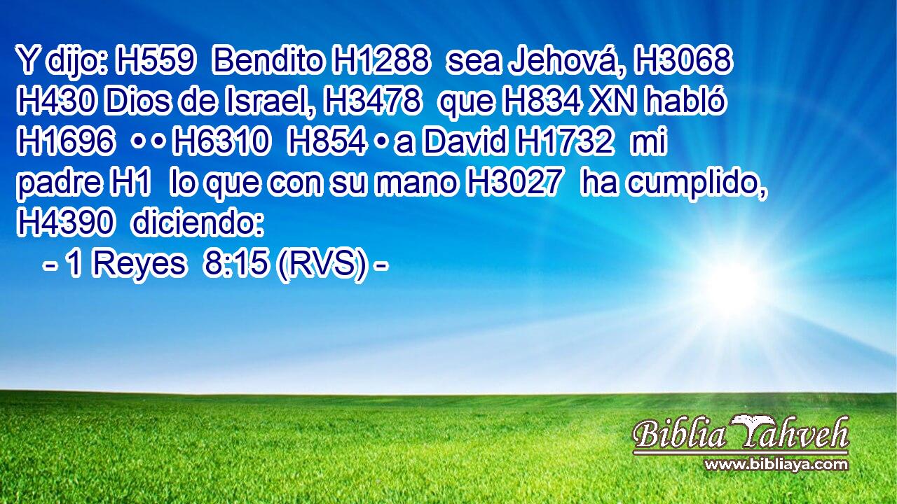 Y dijo: H559  Bendito H1288  sea Jehová, H3068  H430 Dios de Israel, H3478  que H834 XN habló H1696  • • H6310  H854 • a David H1732  mi padre H1  lo que con su mano H3027  ha cumplido, H4390  diciendo: 