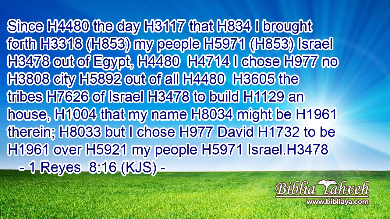 Since H4480 the day H3117 that H834 I brought forth H3318 (H853) my people H5971 (H853) Israel H3478 out of Egypt, H4480  H4714 I chose H977 no H3808 city H5892 out of all H4480  H3605 the tribes H7626 of Israel H3478 to build H1129 an house, H1004 that my name H8034 might be H1961 therein; H8033 but I chose H977 David H1732 to be H1961 over H5921 my people H5971 Israel.H3478