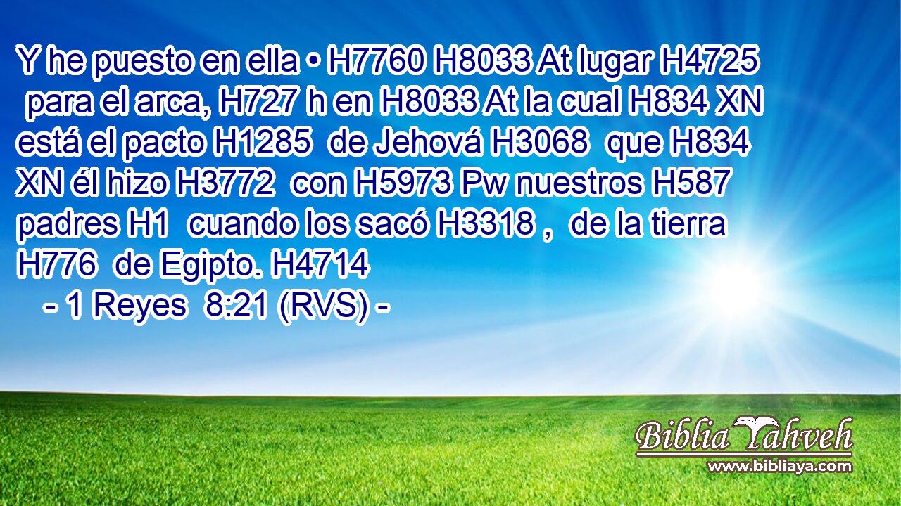 Y he puesto en ella • H7760 H8033 At lugar H4725  para el arca, H727 h en H8033 At la cual H834 XN está el pacto H1285  de Jehová H3068  que H834 XN él hizo H3772  con H5973 Pw nuestros H587  padres H1  cuando los sacó H3318 ,  de la tierra H776  de Egipto. H4714  