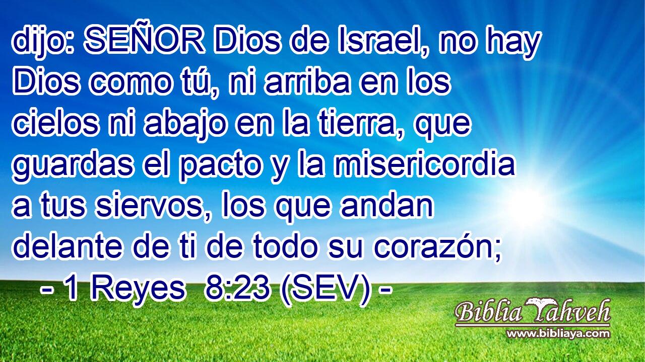 dijo: SEÑOR Dios de Israel, no hay Dios como tú, ni arriba en los cielos ni abajo en la tierra, que guardas el pacto y la misericordia a tus siervos, los que andan delante de ti de todo su corazón;