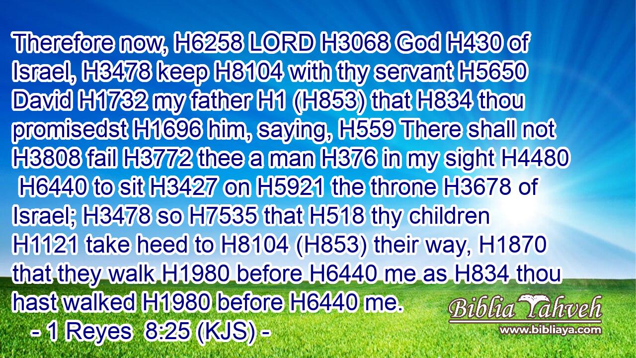 Therefore now, H6258 LORD H3068 God H430 of Israel, H3478 keep H8104 with thy servant H5650 David H1732 my father H1 (H853) that H834 thou promisedst H1696 him, saying, H559 There shall not H3808 fail H3772 thee a man H376 in my sight H4480  H6440 to sit H3427 on H5921 the throne H3678 of Israel; H3478 so H7535 that H518 thy children H1121 take heed to H8104 (H853) their way, H1870 that they walk H1980 before H6440 me as H834 thou hast walked H1980 before H6440 me.