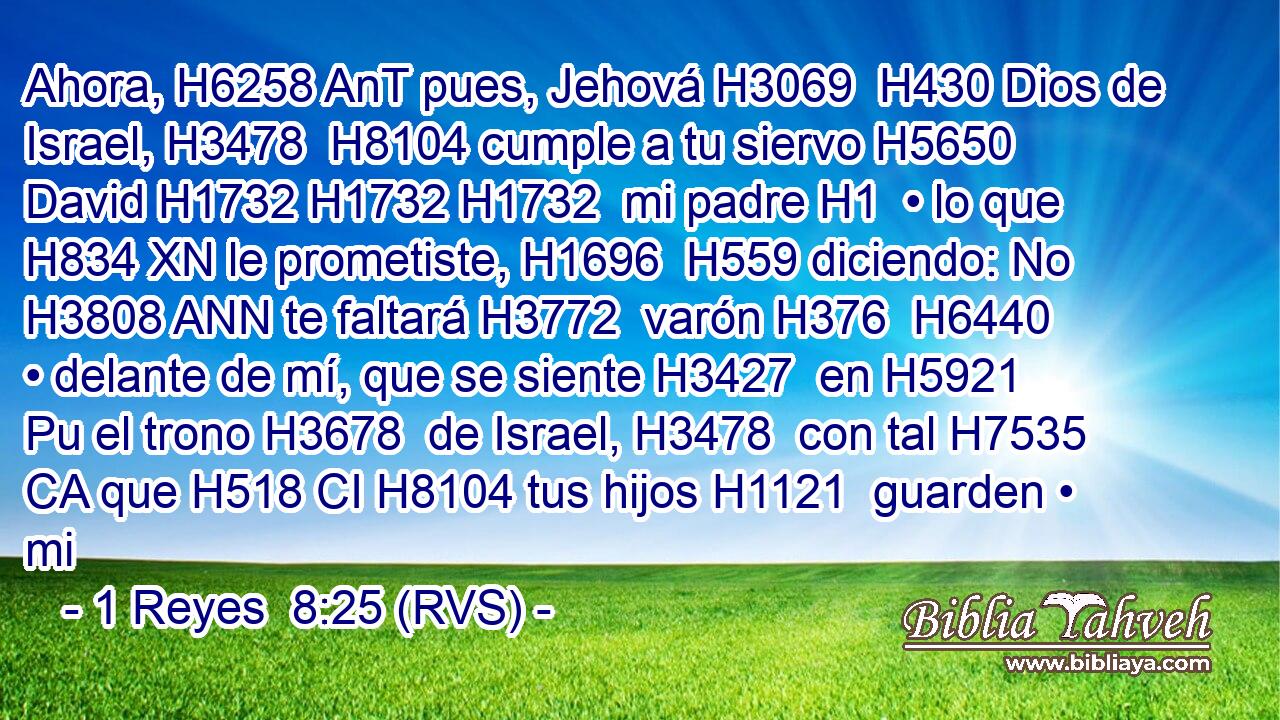 Ahora, H6258 AnT pues, Jehová H3069  H430 Dios de Israel, H3478  H8104 cumple a tu siervo H5650  David H1732 H1732 H1732  mi padre H1  • lo que H834 XN le prometiste, H1696  H559 diciendo: No H3808 ANN te faltará H3772  varón H376  H6440 • delante de mí, que se siente H3427  en H5921 Pu el trono H3678  de Israel, H3478  con tal H7535 CA que H518 CI H8104 tus hijos H1121  guarden • mi