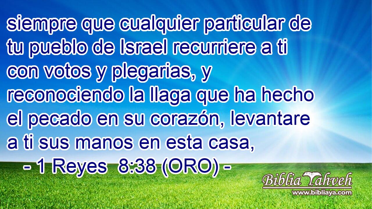  siempre que cualquier particular de tu pueblo de Israel recurriere a ti con votos y plegarias, y reconociendo la llaga que ha hecho el pecado en su corazón, levantare a ti sus manos en esta casa, 