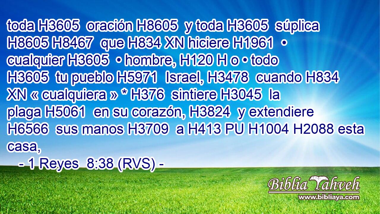 toda H3605  oración H8605  y toda H3605  súplica H8605 H8467  que H834 XN hiciere H1961  • cualquier H3605  • hombre, H120 H o • todo H3605  tu pueblo H5971  Israel, H3478  cuando H834 XN « cualquiera » * H376  sintiere H3045  la plaga H5061  en su corazón, H3824  y extendiere H6566  sus manos H3709  a H413 PU H1004 H2088 esta casa, 