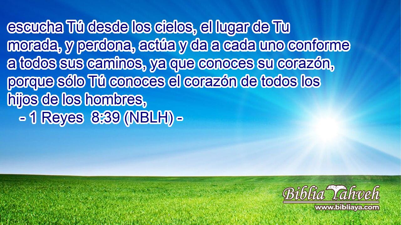  escucha Tú desde los cielos, el lugar de Tu morada, y perdona, actúa y da a cada uno conforme a todos sus caminos, ya que conoces su corazón, porque sólo Tú conoces el corazón de todos los hijos de los hombres, 