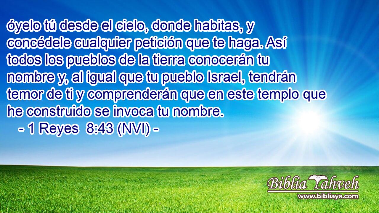  óyelo tú desde el cielo, donde habitas, y concédele cualquier petición que te haga. Así todos los pueblos de la tierra conocerán tu nombre y, al igual que tu pueblo Israel, tendrán temor de ti y comprenderán que en este templo que he construido se invoca tu nombre. 