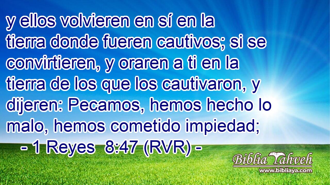 y ellos volvieren en sí en la tierra donde fueren cautivos; si se convirtieren, y oraren a ti en la tierra de los que los cautivaron, y dijeren: Pecamos, hemos hecho lo malo, hemos cometido impiedad;