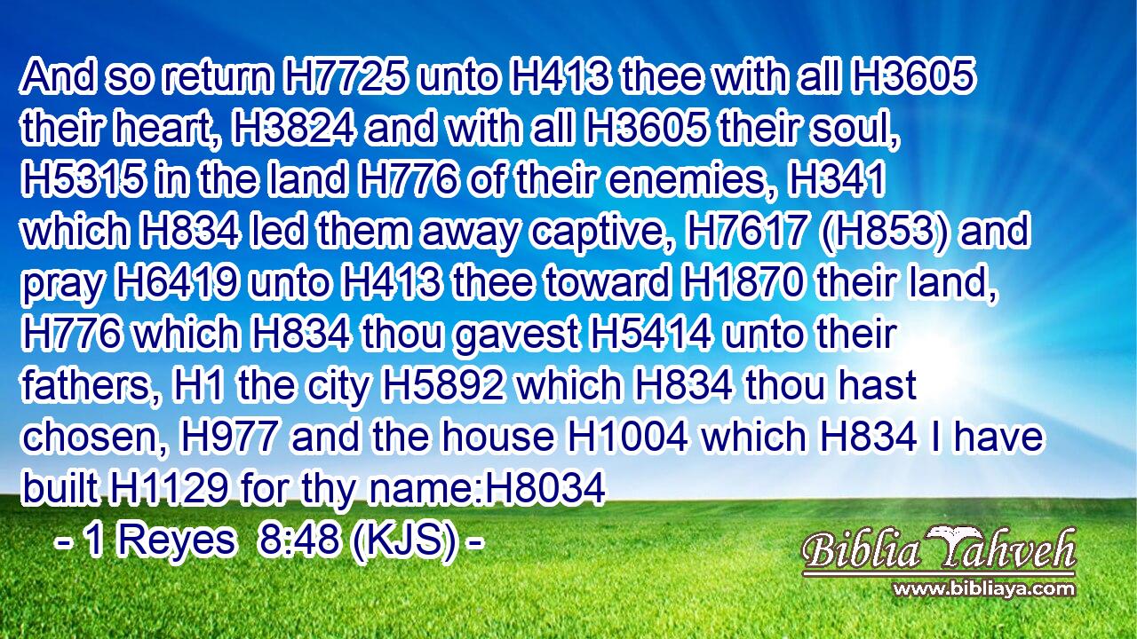And so return H7725 unto H413 thee with all H3605 their heart, H3824 and with all H3605 their soul, H5315 in the land H776 of their enemies, H341 which H834 led them away captive, H7617 (H853) and pray H6419 unto H413 thee toward H1870 their land, H776 which H834 thou gavest H5414 unto their fathers, H1 the city H5892 which H834 thou hast chosen, H977 and the house H1004 which H834 I have built H1129 for thy name:H8034