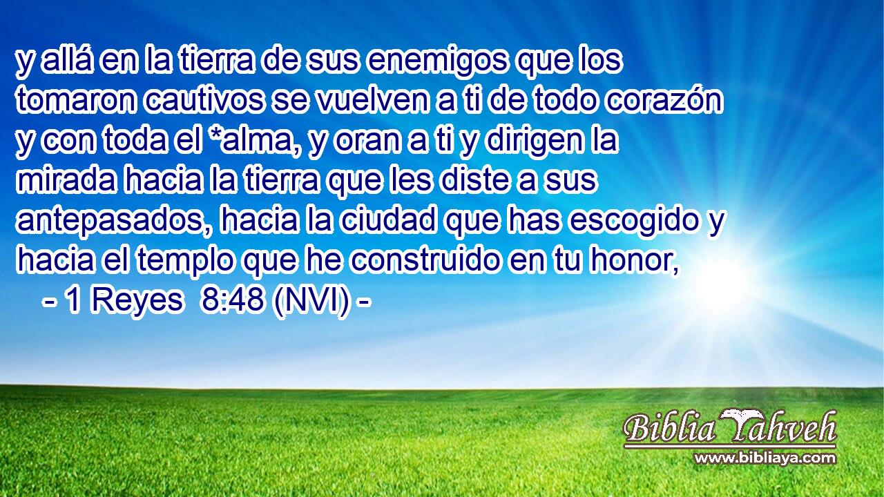  y allá en la tierra de sus enemigos que los tomaron cautivos se vuelven a ti de todo corazón y con toda el *alma, y oran a ti y dirigen la mirada hacia la tierra que les diste a sus antepasados, hacia la ciudad que has escogido y hacia el templo que he construido en tu honor, 