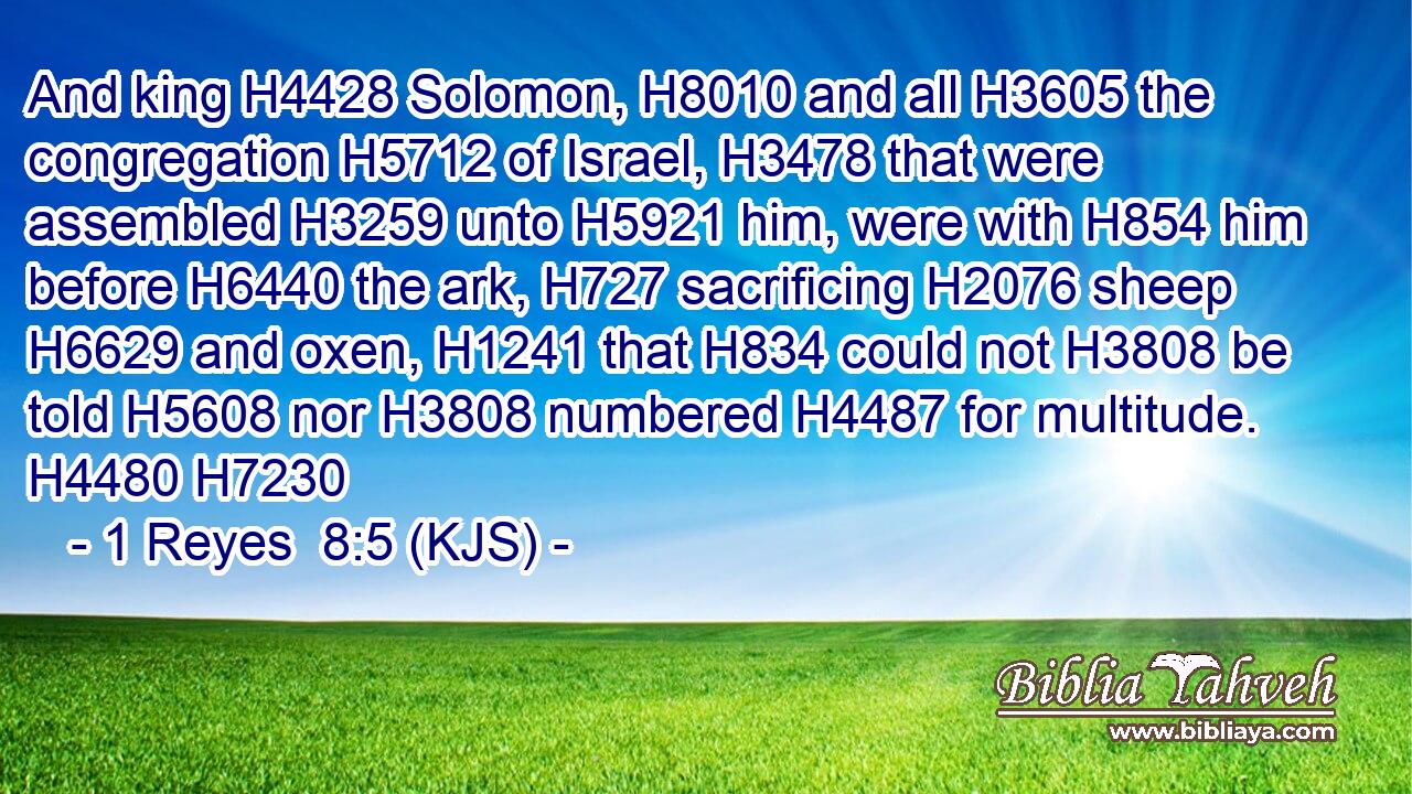 And king H4428 Solomon, H8010 and all H3605 the congregation H5712 of Israel, H3478 that were assembled H3259 unto H5921 him, were with H854 him before H6440 the ark, H727 sacrificing H2076 sheep H6629 and oxen, H1241 that H834 could not H3808 be told H5608 nor H3808 numbered H4487 for multitude. H4480 H7230