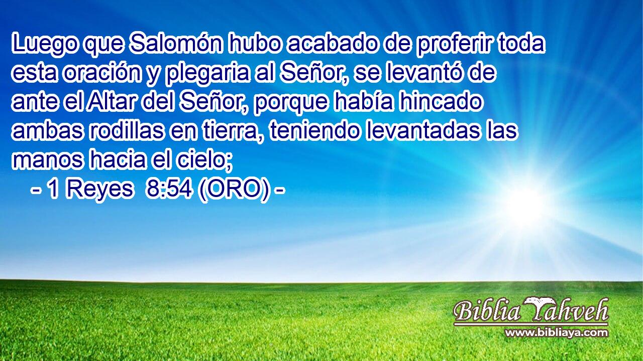  Luego que Salomón hubo acabado de proferir toda esta oración y plegaria al Señor, se levantó de ante el Altar del Señor, porque había hincado ambas rodillas en tierra, teniendo levantadas las manos hacia el cielo; 