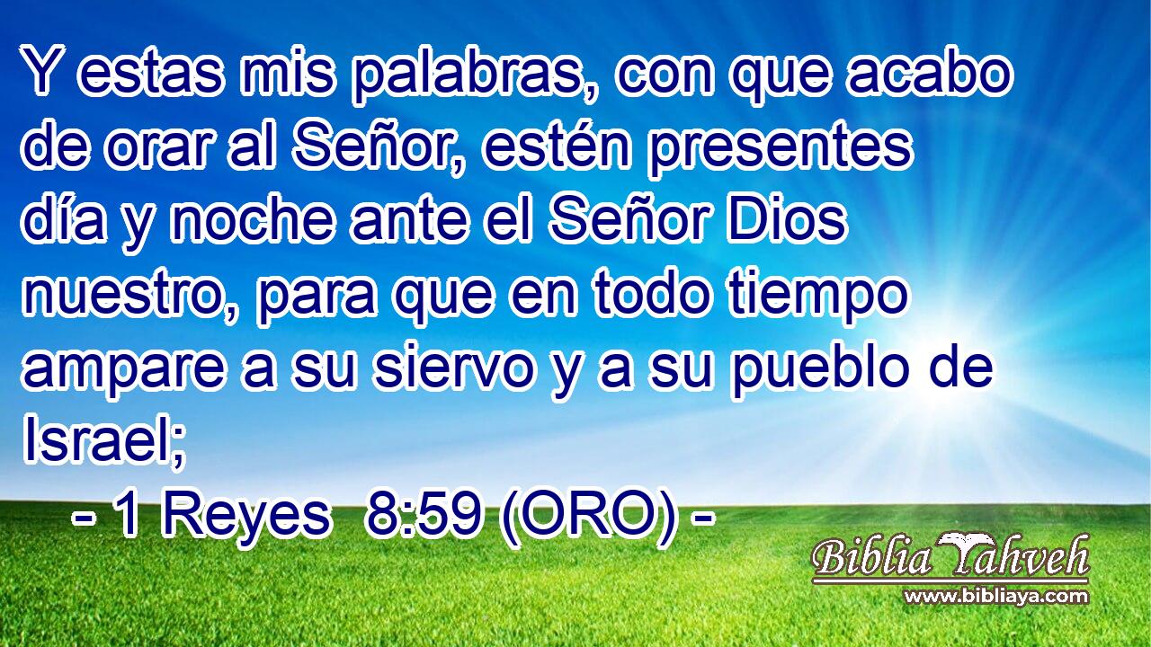  Y estas mis palabras, con que acabo de orar al Señor, estén presentes día y noche ante el Señor Dios nuestro, para que en todo tiempo ampare a su siervo y a su pueblo de Israel; 