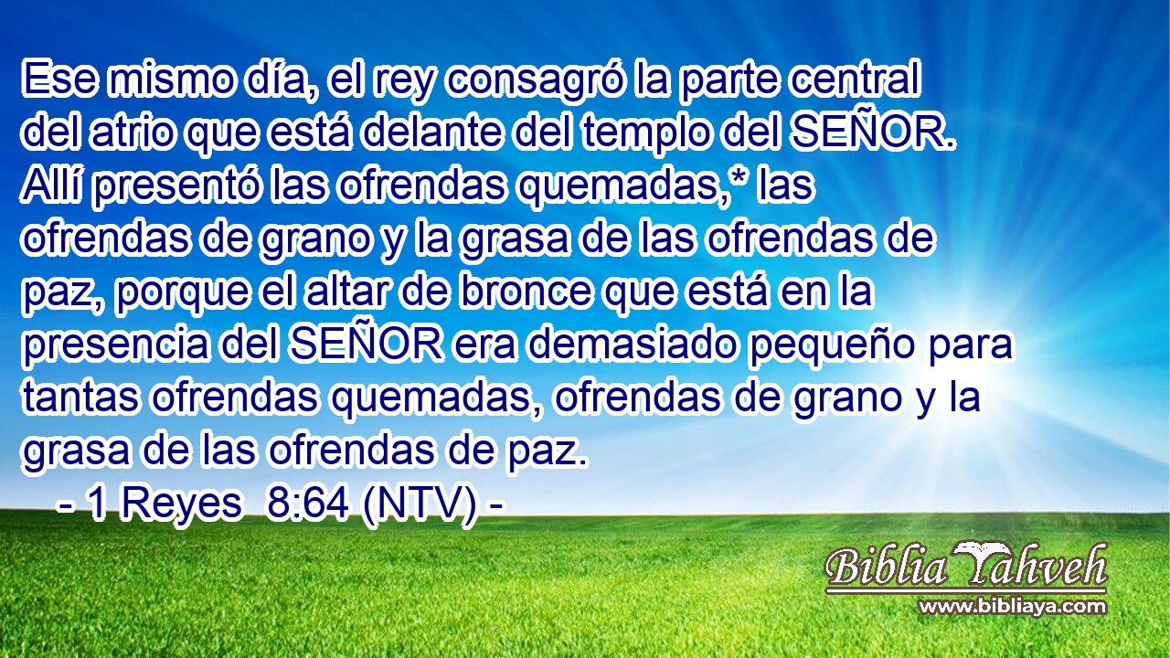 Ese mismo día, el rey consagró la parte central del atrio que está delante del templo del SEÑOR. Allí presentó las ofrendas quemadas,* las ofrendas de grano y la grasa de las ofrendas de paz, porque el altar de bronce que está en la presencia del SEÑOR era demasiado pequeño para tantas ofrendas quemadas, ofrendas de grano y la grasa de las ofrendas de paz.