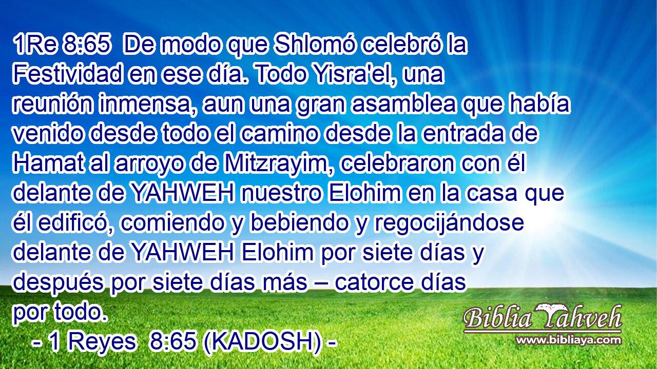  De modo que Shlomó celebró la Festividad en ese día. Todo Yisra'el, una reunión inmensa, aun una gran asamblea que había venido desde todo el camino desde la entrada de Hamat al arroyo de Mitzrayim, celebraron con él delante de YAHWEH nuestro Elohim en la casa que él edificó, comiendo y bebiendo y regocijándose delante de YAHWEH Elohim por siete días y después por siete días más – catorce días por todo. 