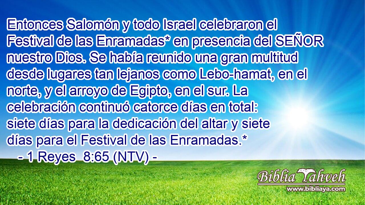 Entonces Salomón y todo Israel celebraron el Festival de las Enramadas* en presencia del SEÑOR nuestro Dios. Se había reunido una gran multitud desde lugares tan lejanos como Lebo-hamat, en el norte, y el arroyo de Egipto, en el sur. La celebración continuó catorce días en total: siete días para la dedicación del altar y siete días para el Festival de las Enramadas.*