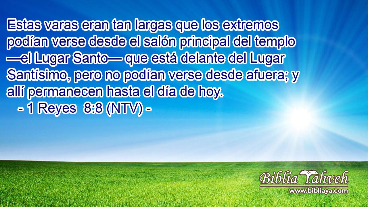 Estas varas eran tan largas que los extremos podían verse desde el salón principal del templo —el Lugar Santo— que está delante del Lugar Santísimo, pero no podían verse desde afuera; y allí permanecen hasta el día de hoy.