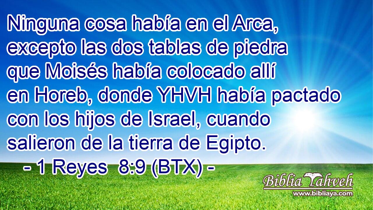 Ninguna cosa había en el Arca, excepto las dos tablas de piedra que Moisés había colocado allí en Horeb, donde YHVH había pactado con los hijos de Israel, cuando salieron de la tierra de Egipto.