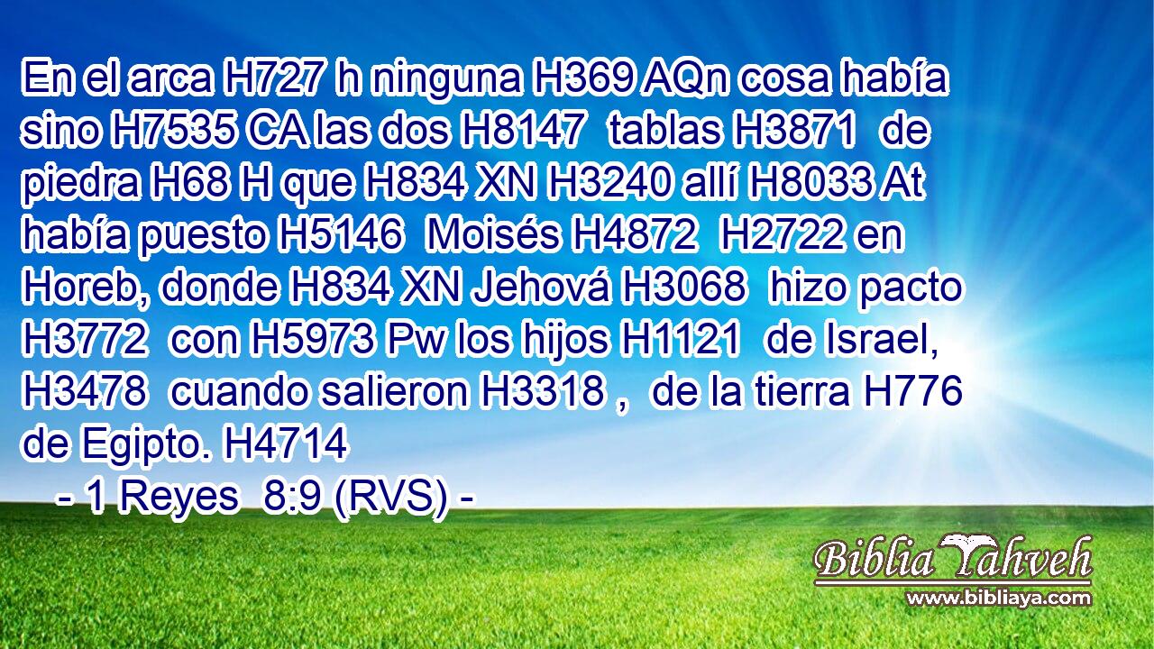 En el arca H727 h ninguna H369 AQn cosa había sino H7535 CA las dos H8147  tablas H3871  de piedra H68 H que H834 XN H3240 allí H8033 At había puesto H5146  Moisés H4872  H2722 en Horeb, donde H834 XN Jehová H3068  hizo pacto H3772  con H5973 Pw los hijos H1121  de Israel, H3478  cuando salieron H3318 ,  de la tierra H776  de Egipto. H4714  