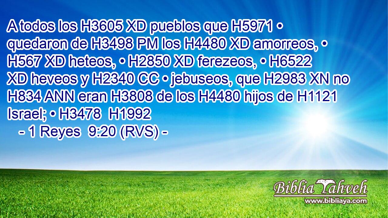 A todos los H3605 XD pueblos que H5971 • quedaron de H3498 PM los H4480 XD amorreos, • H567 XD heteos, • H2850 XD ferezeos, • H6522 XD heveos y H2340 CC • jebuseos, que H2983 XN no H834 ANN eran H3808 de los H4480 hijos de H1121 Israel; • H3478  H1992 