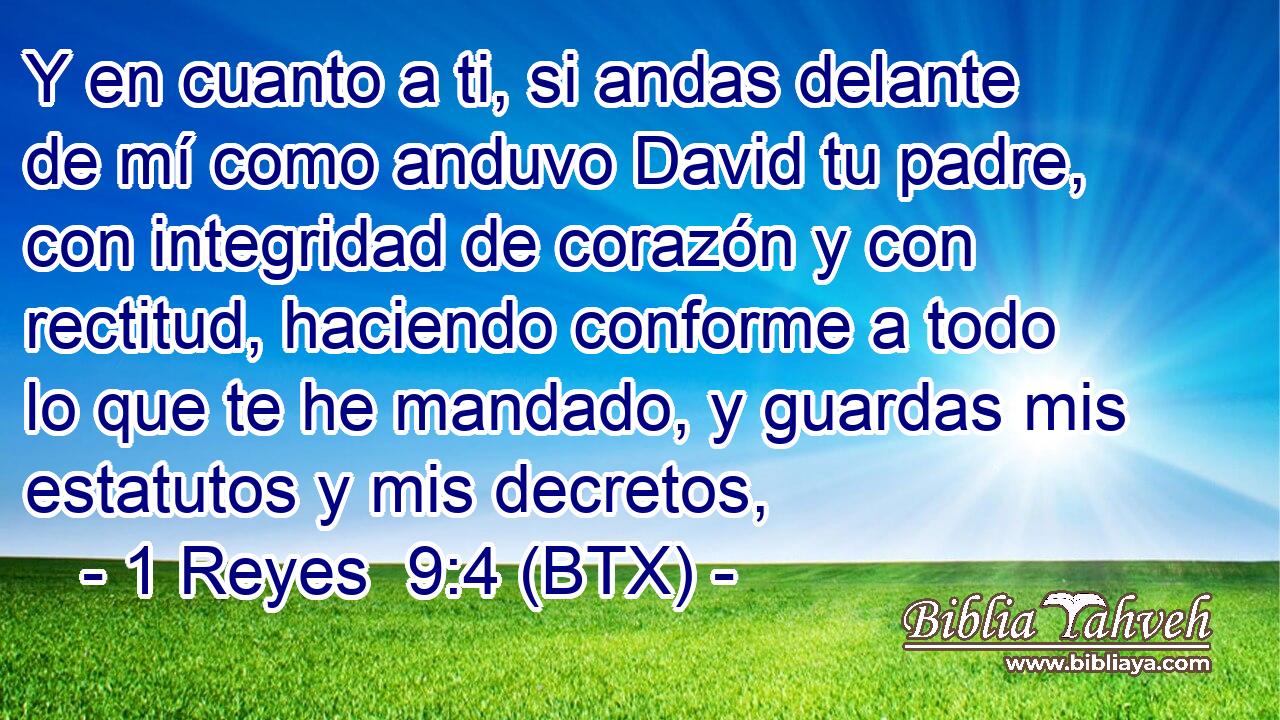 Y en cuanto a ti, si andas delante de mí como anduvo David tu padre, con integridad de corazón y con rectitud, haciendo conforme a todo lo que te he mandado, y guardas mis estatutos y mis decretos,