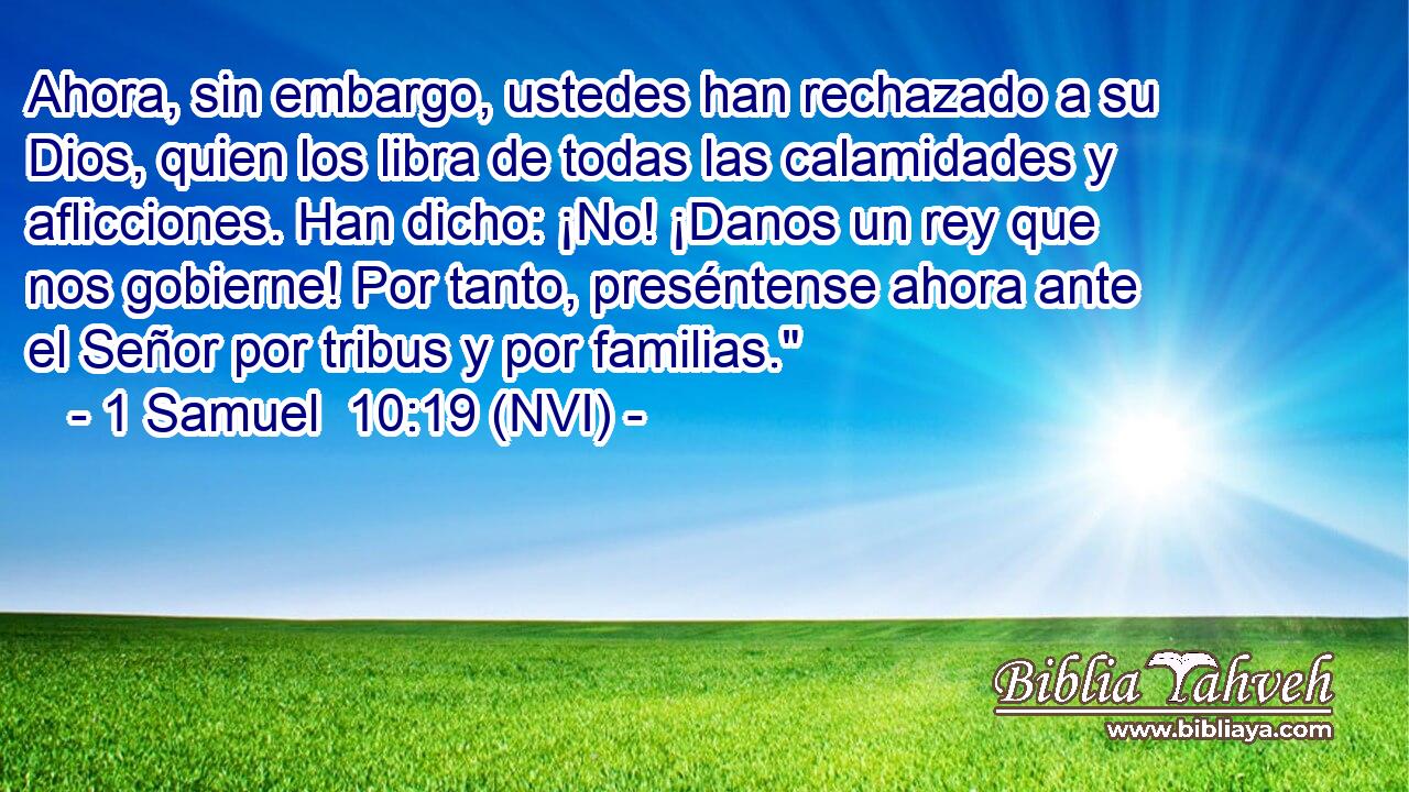  Ahora, sin embargo, ustedes han rechazado a su Dios, quien los libra de todas las calamidades y aflicciones. Han dicho: ¡No! ¡Danos un rey que nos gobierne! Por tanto, preséntense ahora ante el Señor por tribus y por familias.