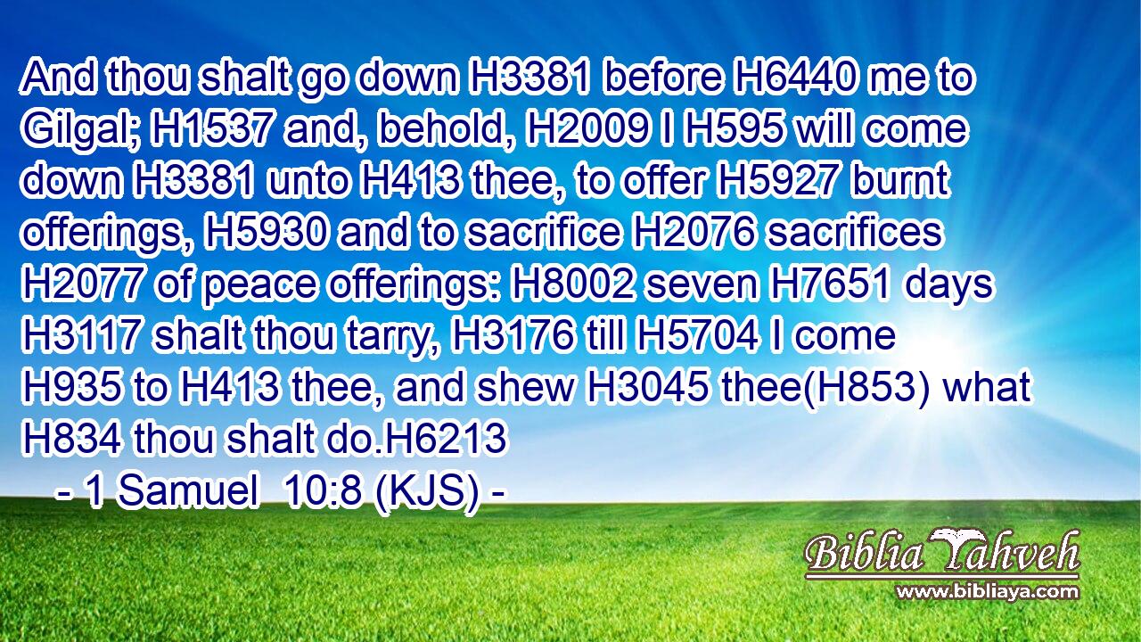 And thou shalt go down H3381 before H6440 me to Gilgal; H1537 and, behold, H2009 I H595 will come down H3381 unto H413 thee, to offer H5927 burnt offerings, H5930 and to sacrifice H2076 sacrifices H2077 of peace offerings: H8002 seven H7651 days H3117 shalt thou tarry, H3176 till H5704 I come H935 to H413 thee, and shew H3045 thee(H853) what H834 thou shalt do.H6213