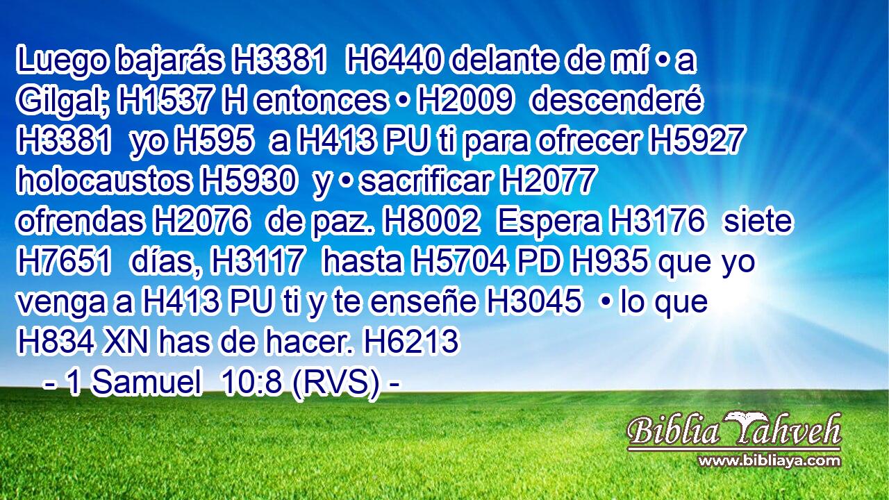 Luego bajarás H3381  H6440 delante de mí • a Gilgal; H1537 H entonces • H2009  descenderé H3381  yo H595  a H413 PU ti para ofrecer H5927  holocaustos H5930  y • sacrificar H2077  ofrendas H2076  de paz. H8002  Espera H3176  siete H7651  días, H3117  hasta H5704 PD H935 que yo venga a H413 PU ti y te enseñe H3045  • lo que H834 XN has de hacer. H6213  
