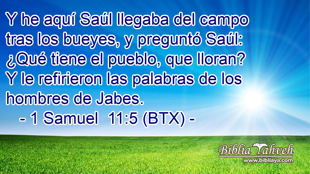 Y he aquí Saúl llegaba del campo tras los bueyes, y preguntó Saúl: ¿Qué tiene el pueblo, que lloran? Y le refirieron las palabras de los hombres de Jabes.