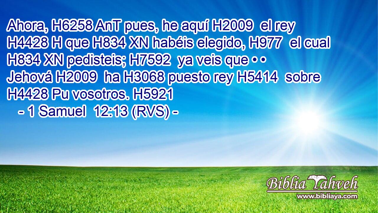 Ahora, H6258 AnT pues, he aquí H2009  el rey H4428 H que H834 XN habéis elegido, H977  el cual H834 XN pedisteis; H7592  ya veis que • • Jehová H2009  ha H3068 puesto rey H5414  sobre H4428 Pu vosotros. H5921  